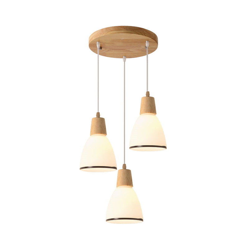 Bell/Bowl/Barrel Ceiling Hang Lamp Nordic Ivory Glass 3-Head Dining Room Round/Linear-Canopy Cluster Pendant in Wood Clearhalo 'Ceiling Lights' 'Modern Pendants' 'Modern' 'Pendant Lights' 'Pendants' Lighting' 1949028