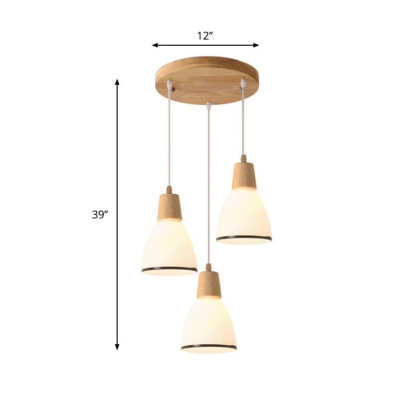 Bell/Bowl/Barrel Ceiling Hang Lamp Nordic Ivory Glass 3-Head Dining Room Round/Linear-Canopy Cluster Pendant in Wood Clearhalo 'Ceiling Lights' 'Modern Pendants' 'Modern' 'Pendant Lights' 'Pendants' Lighting' 1949029
