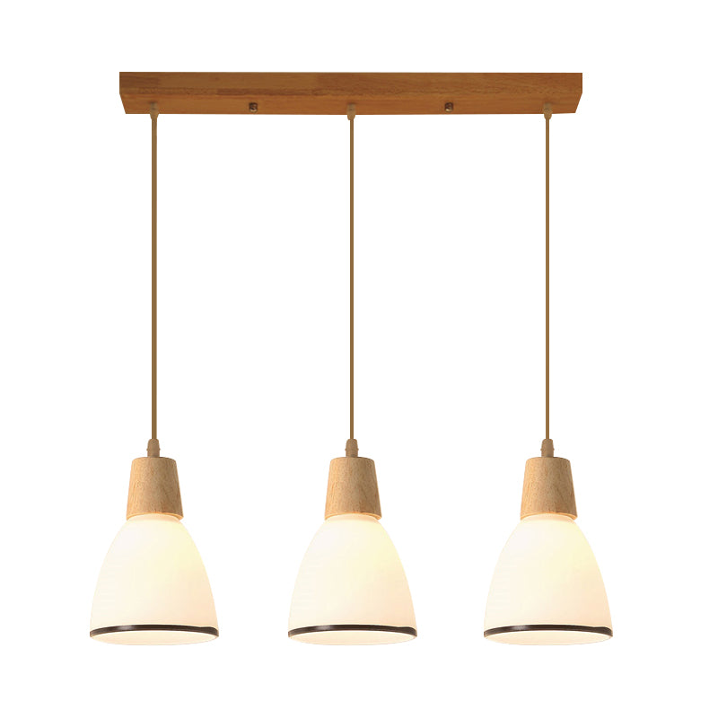 Bell/Bowl/Barrel Ceiling Hang Lamp Nordic Ivory Glass 3-Head Dining Room Round/Linear-Canopy Cluster Pendant in Wood Wood Barrel Linear Clearhalo 'Ceiling Lights' 'Modern Pendants' 'Modern' 'Pendant Lights' 'Pendants' Lighting' 1949034