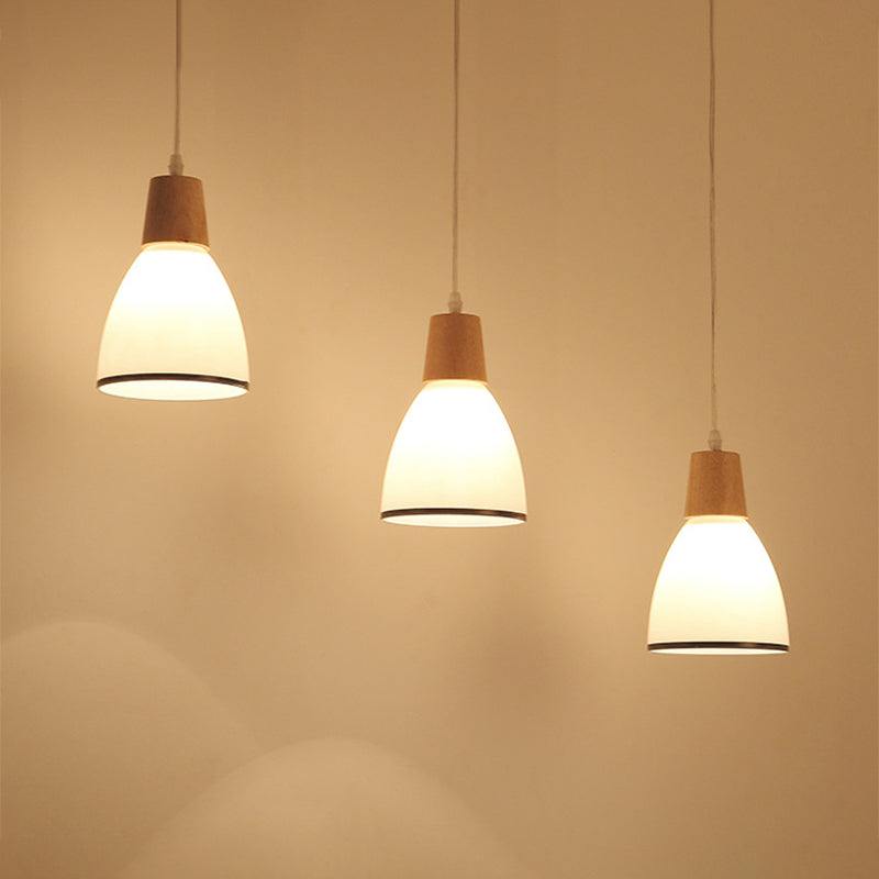 Bell/Bowl/Barrel Ceiling Hang Lamp Nordic Ivory Glass 3-Head Dining Room Round/Linear-Canopy Cluster Pendant in Wood Clearhalo 'Ceiling Lights' 'Modern Pendants' 'Modern' 'Pendant Lights' 'Pendants' Lighting' 1949035