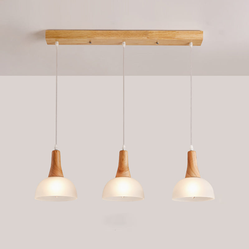 Bell/Bowl/Barrel Ceiling Hang Lamp Nordic Ivory Glass 3-Head Dining Room Round/Linear-Canopy Cluster Pendant in Wood Wood Bowl Linear Clearhalo 'Ceiling Lights' 'Modern Pendants' 'Modern' 'Pendant Lights' 'Pendants' Lighting' 1949037