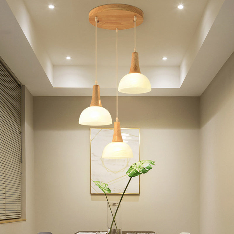 Bell/Bowl/Barrel Ceiling Hang Lamp Nordic Ivory Glass 3-Head Dining Room Round/Linear-Canopy Cluster Pendant in Wood Wood Bowl Round Clearhalo 'Ceiling Lights' 'Modern Pendants' 'Modern' 'Pendant Lights' 'Pendants' Lighting' 1949040
