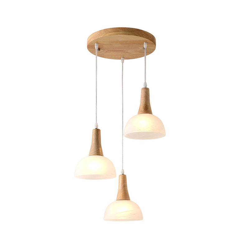 Bell/Bowl/Barrel Ceiling Hang Lamp Nordic Ivory Glass 3-Head Dining Room Round/Linear-Canopy Cluster Pendant in Wood Clearhalo 'Ceiling Lights' 'Modern Pendants' 'Modern' 'Pendant Lights' 'Pendants' Lighting' 1949041