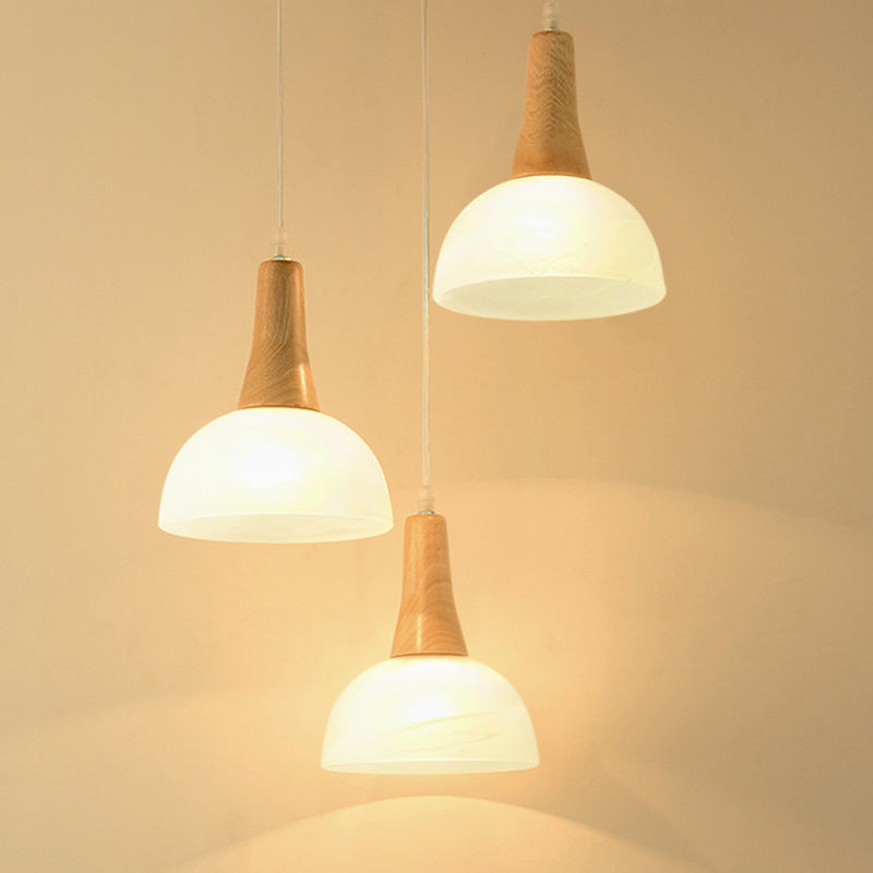 Bell/Bowl/Barrel Ceiling Hang Lamp Nordic Ivory Glass 3-Head Dining Room Round/Linear-Canopy Cluster Pendant in Wood Clearhalo 'Ceiling Lights' 'Modern Pendants' 'Modern' 'Pendant Lights' 'Pendants' Lighting' 1949042