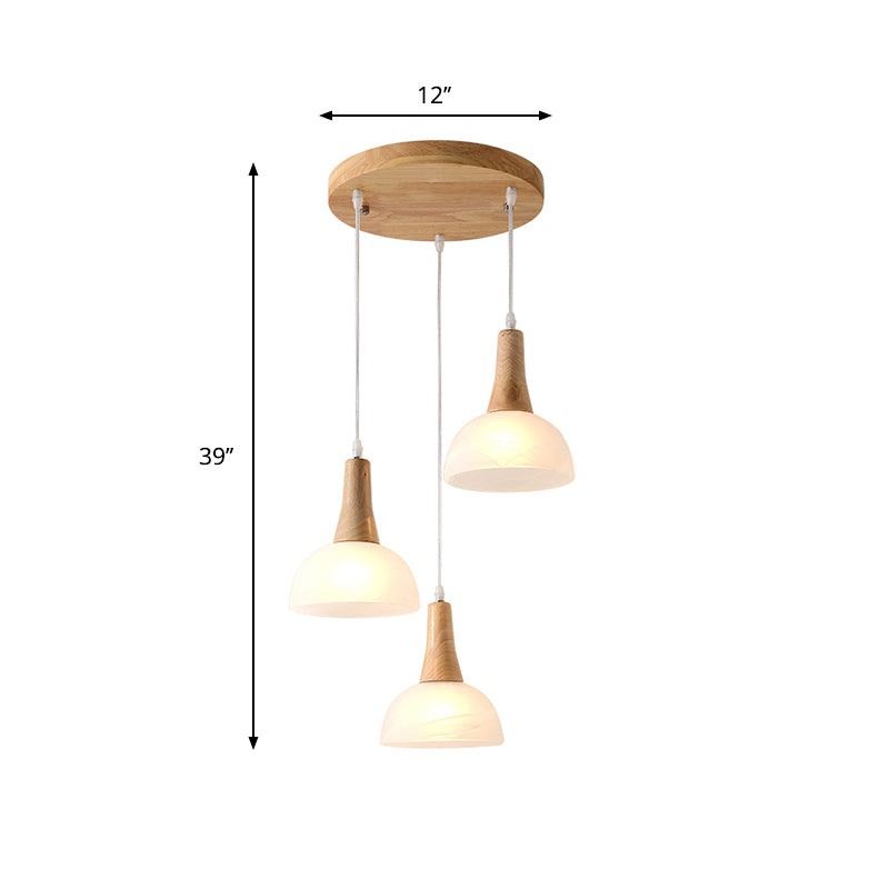 Bell/Bowl/Barrel Ceiling Hang Lamp Nordic Ivory Glass 3-Head Dining Room Round/Linear-Canopy Cluster Pendant in Wood Clearhalo 'Ceiling Lights' 'Modern Pendants' 'Modern' 'Pendant Lights' 'Pendants' Lighting' 1949043