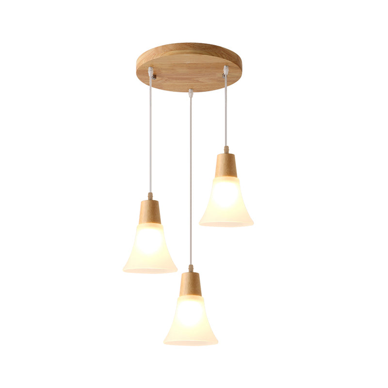 Bell/Bowl/Barrel Ceiling Hang Lamp Nordic Ivory Glass 3-Head Dining Room Round/Linear-Canopy Cluster Pendant in Wood Wood Bell Round Clearhalo 'Ceiling Lights' 'Modern Pendants' 'Modern' 'Pendant Lights' 'Pendants' Lighting' 1949044