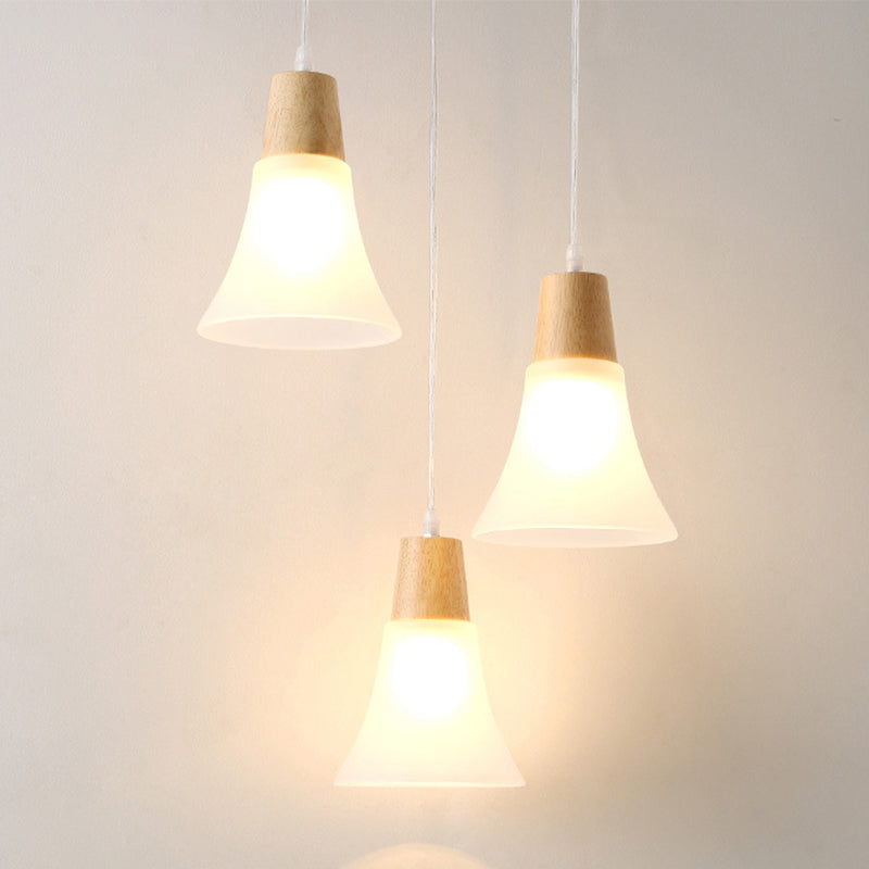 Bell/Bowl/Barrel Ceiling Hang Lamp Nordic Ivory Glass 3-Head Dining Room Round/Linear-Canopy Cluster Pendant in Wood Clearhalo 'Ceiling Lights' 'Modern Pendants' 'Modern' 'Pendant Lights' 'Pendants' Lighting' 1949045