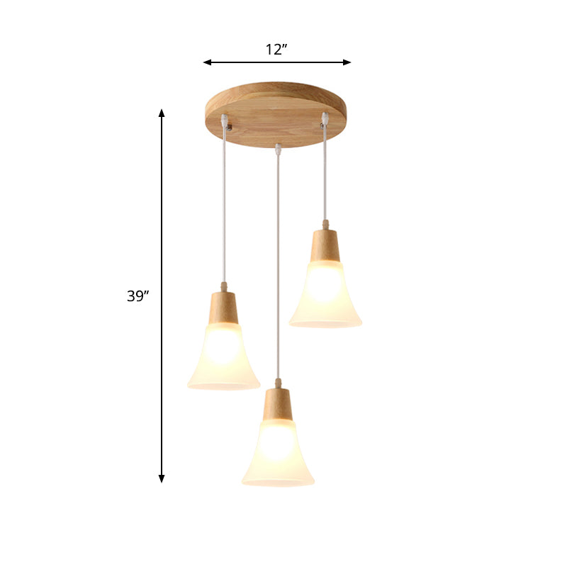 Bell/Bowl/Barrel Ceiling Hang Lamp Nordic Ivory Glass 3-Head Dining Room Round/Linear-Canopy Cluster Pendant in Wood Clearhalo 'Ceiling Lights' 'Modern Pendants' 'Modern' 'Pendant Lights' 'Pendants' Lighting' 1949046