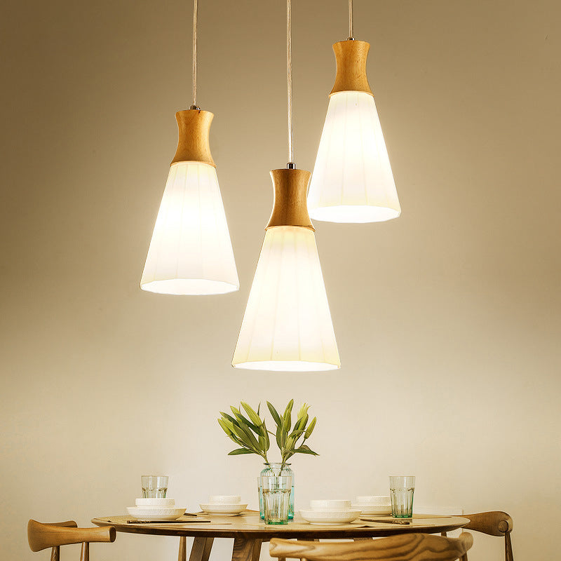 Cone Hanging Pendant Light Nordic Milky Glass 1/3-Bulb Wood Suspension Lamp with Round/Linear Canopy 3 Wood Clearhalo 'Ceiling Lights' 'Modern Pendants' 'Modern' 'Pendant Lights' 'Pendants' Lighting' 1949047