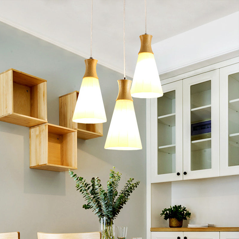 Cone Hanging Pendant Light Nordic Milky Glass 1/3-Bulb Wood Suspension Lamp with Round/Linear Canopy Clearhalo 'Ceiling Lights' 'Modern Pendants' 'Modern' 'Pendant Lights' 'Pendants' Lighting' 1949048