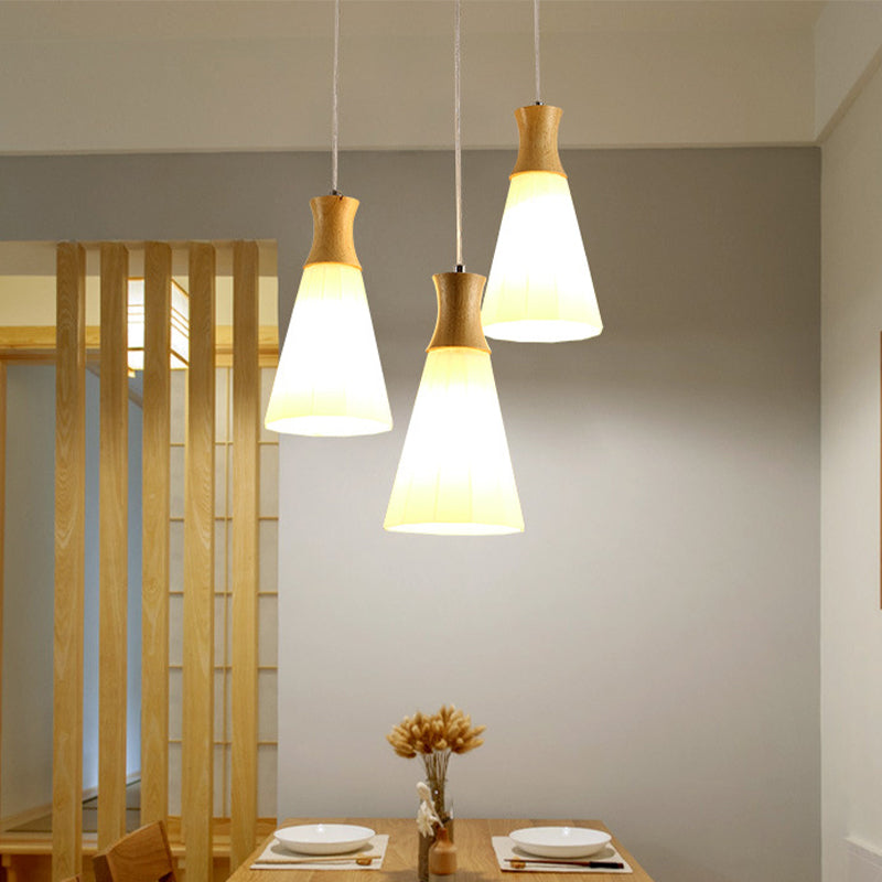 Cone Hanging Pendant Light Nordic Milky Glass 1/3-Bulb Wood Suspension Lamp with Round/Linear Canopy Clearhalo 'Ceiling Lights' 'Modern Pendants' 'Modern' 'Pendant Lights' 'Pendants' Lighting' 1949049