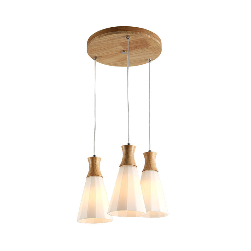 Cone Hanging Pendant Light Nordic Milky Glass 1/3-Bulb Wood Suspension Lamp with Round/Linear Canopy Clearhalo 'Ceiling Lights' 'Modern Pendants' 'Modern' 'Pendant Lights' 'Pendants' Lighting' 1949050