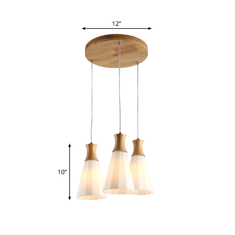 Cone Hanging Pendant Light Nordic Milky Glass 1/3-Bulb Wood Suspension Lamp with Round/Linear Canopy Clearhalo 'Ceiling Lights' 'Modern Pendants' 'Modern' 'Pendant Lights' 'Pendants' Lighting' 1949051
