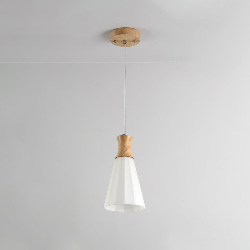 Cone Hanging Pendant Light Nordic Milky Glass 1/3-Bulb Wood Suspension Lamp with Round/Linear Canopy 1 Wood Clearhalo 'Ceiling Lights' 'Modern Pendants' 'Modern' 'Pendant Lights' 'Pendants' Lighting' 1949052