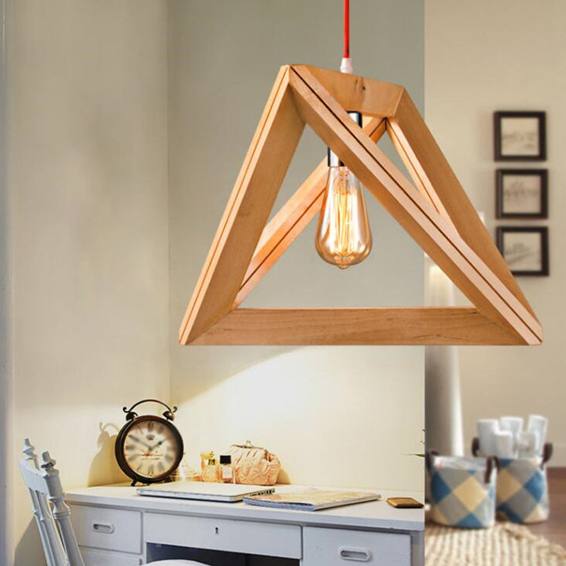 Simple Single Bulb Drop Pendant Beige Triangle Hanging Light with Wood Cage, 12.5"/14.5"/16.5" Width Wood Clearhalo 'Ceiling Lights' 'Modern Pendants' 'Modern' 'Pendant Lights' 'Pendants' Lighting' 1949084