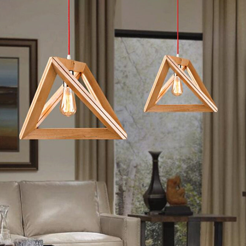 Simple Single Bulb Drop Pendant Beige Triangle Hanging Light with Wood Cage, 12.5"/14.5"/16.5" Width Clearhalo 'Ceiling Lights' 'Modern Pendants' 'Modern' 'Pendant Lights' 'Pendants' Lighting' 1949085