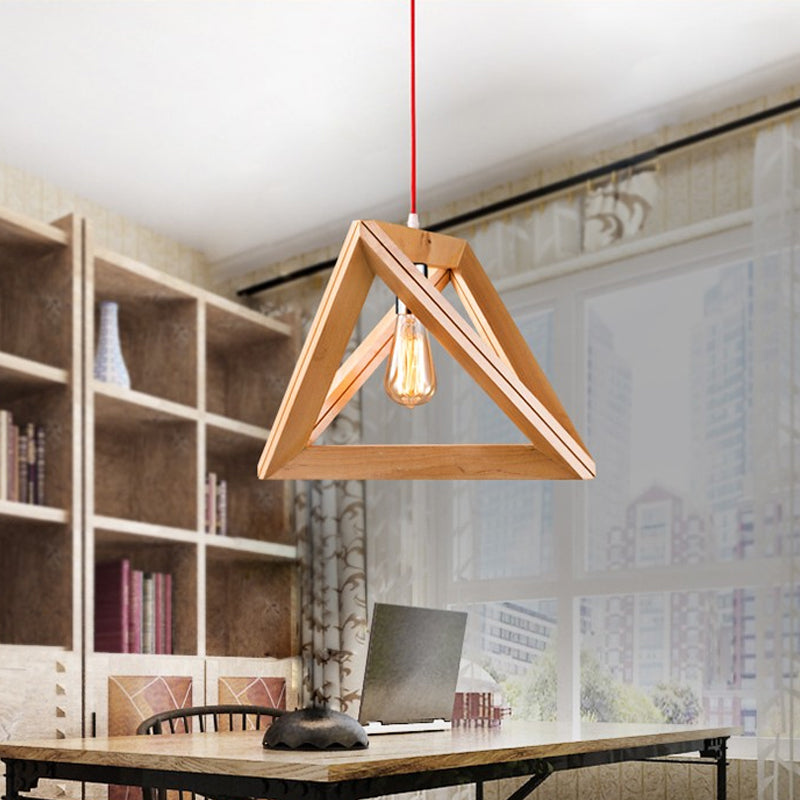 Simple Single Bulb Drop Pendant Beige Triangle Hanging Light with Wood Cage, 12.5"/14.5"/16.5" Width Clearhalo 'Ceiling Lights' 'Modern Pendants' 'Modern' 'Pendant Lights' 'Pendants' Lighting' 1949086