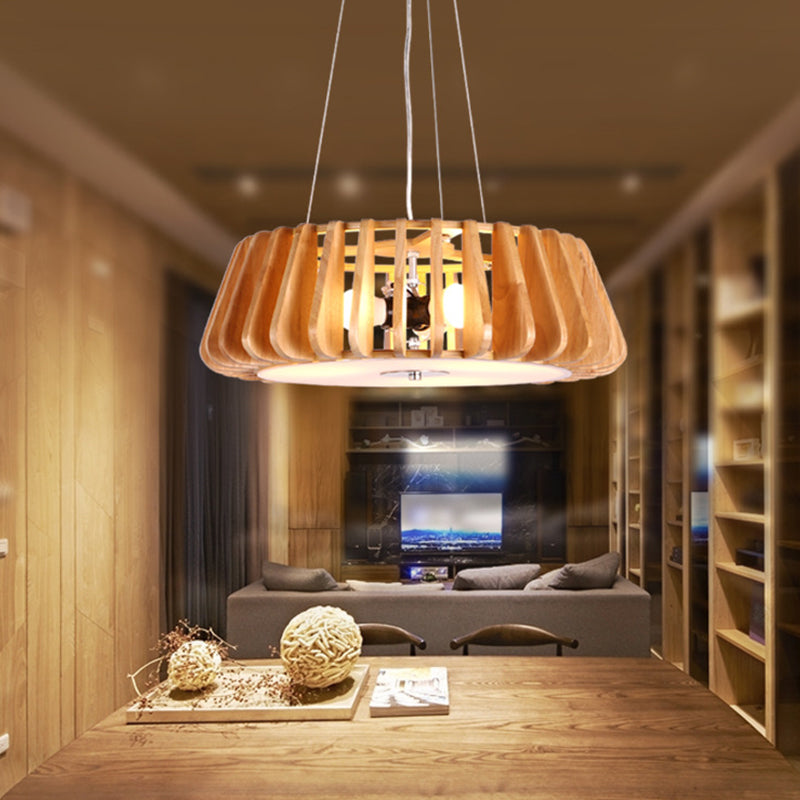 Single-Bulb Dining Room Pendant Light Modern 1 Light Hanging Lamp with Drum Wooden Cage Wood Clearhalo 'Ceiling Lights' 'Modern Pendants' 'Modern' 'Pendant Lights' 'Pendants' Lighting' 1949101