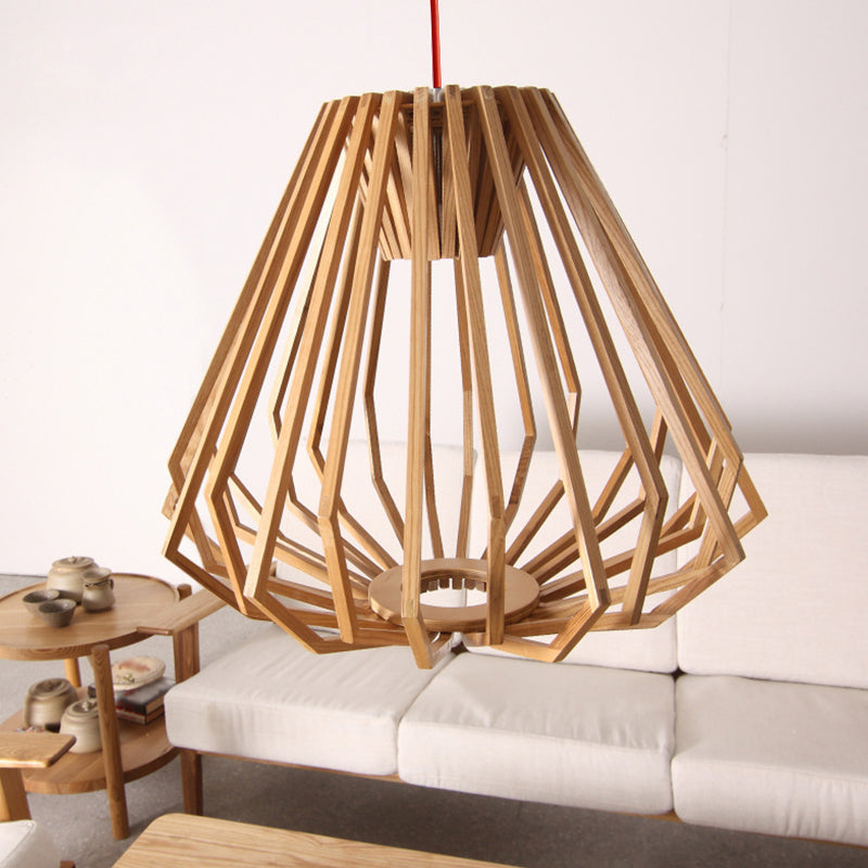 1-Light Living Room Hanging Light Contemporary Beige Down Lighting Pendant with Diamond Wood Cage Clearhalo 'Ceiling Lights' 'Modern Pendants' 'Modern' 'Pendant Lights' 'Pendants' Lighting' 1949114