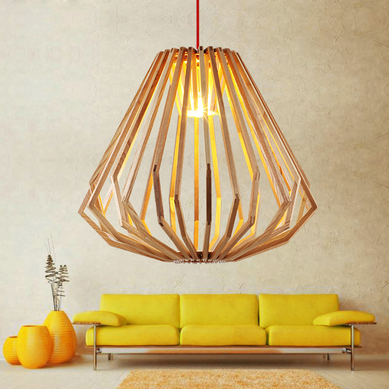 1-Light Living Room Hanging Light Contemporary Beige Down Lighting Pendant with Diamond Wood Cage Clearhalo 'Ceiling Lights' 'Modern Pendants' 'Modern' 'Pendant Lights' 'Pendants' Lighting' 1949115