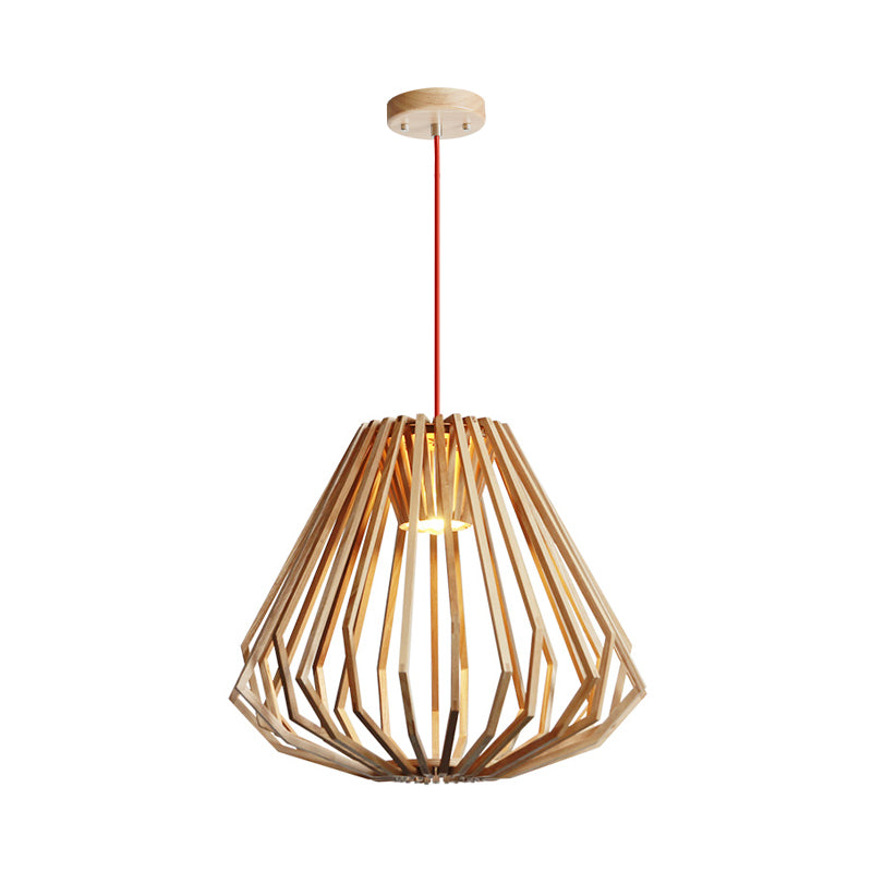 1-Light Living Room Hanging Light Contemporary Beige Down Lighting Pendant with Diamond Wood Cage Clearhalo 'Ceiling Lights' 'Modern Pendants' 'Modern' 'Pendant Lights' 'Pendants' Lighting' 1949116