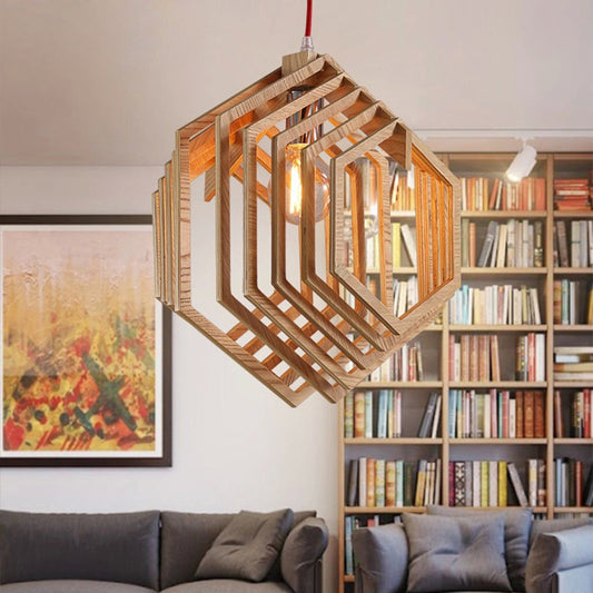 Layered Hexagon Hanging Lamp Modern Wood 1 Bulb Dining Room Ceiling Pendant Light in Brown Wood Clearhalo 'Ceiling Lights' 'Modern Pendants' 'Modern' 'Pendant Lights' 'Pendants' Lighting' 1949118