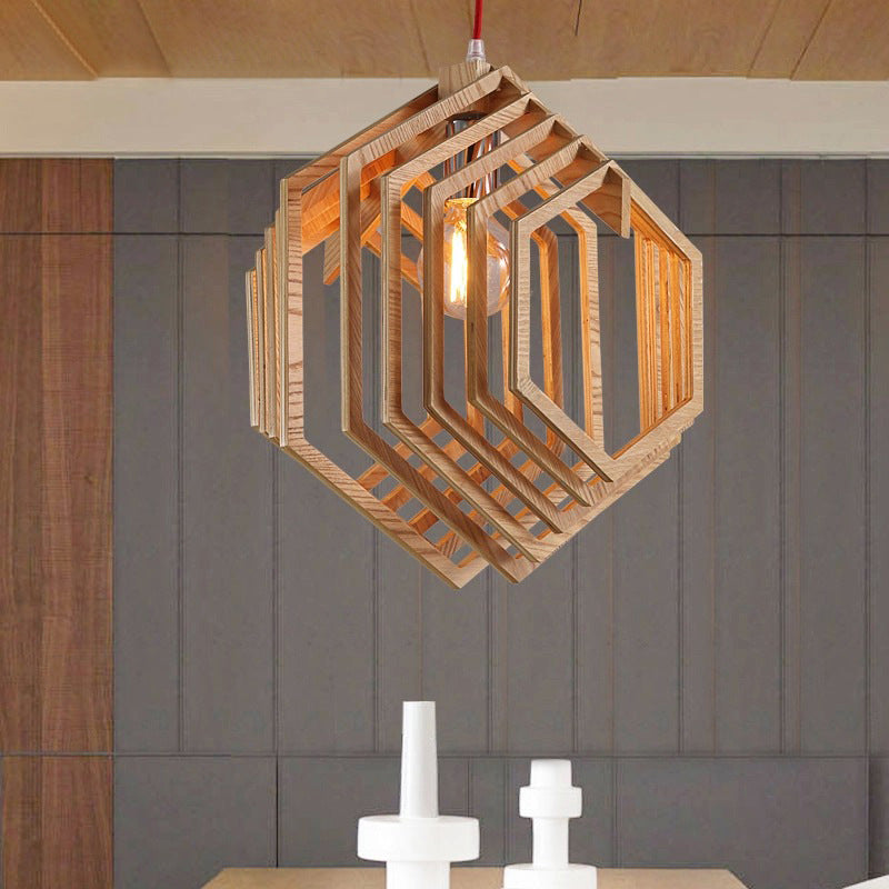 Layered Hexagon Hanging Lamp Modern Wood 1 Bulb Dining Room Ceiling Pendant Light in Brown Clearhalo 'Ceiling Lights' 'Modern Pendants' 'Modern' 'Pendant Lights' 'Pendants' Lighting' 1949120