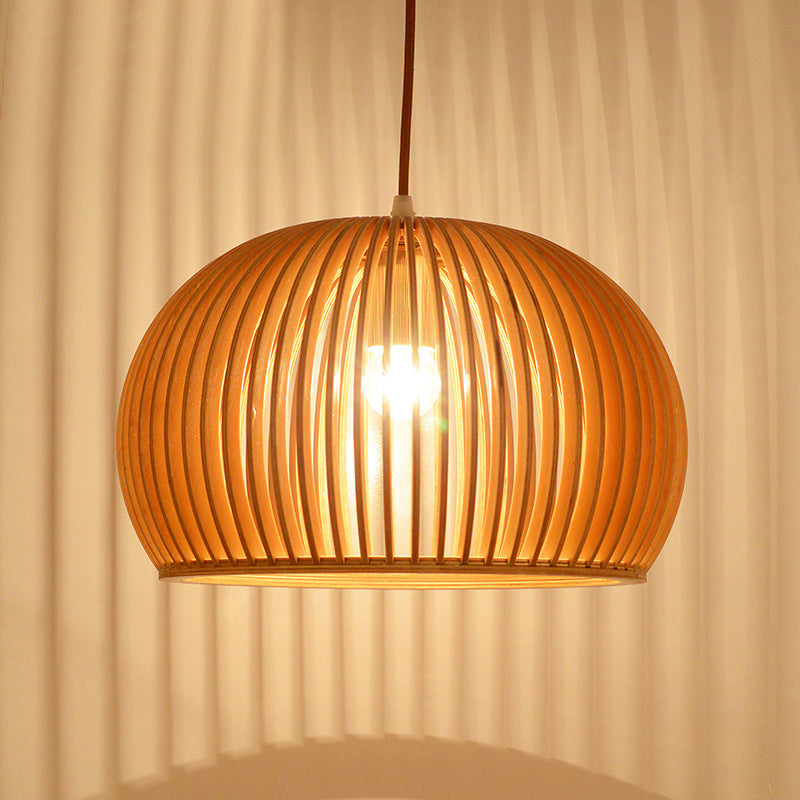Wood Hemisphere Pendant Lighting Minimalist Single-Bulb Beige Ceiling Hang Lamp, 14"/18" Width Wood Clearhalo 'Ceiling Lights' 'Modern Pendants' 'Modern' 'Pendant Lights' 'Pendants' Lighting' 1949123