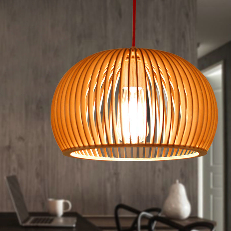Wood Hemisphere Pendant Lighting Minimalist Single-Bulb Beige Ceiling Hang Lamp, 14"/18" Width Clearhalo 'Ceiling Lights' 'Modern Pendants' 'Modern' 'Pendant Lights' 'Pendants' Lighting' 1949124