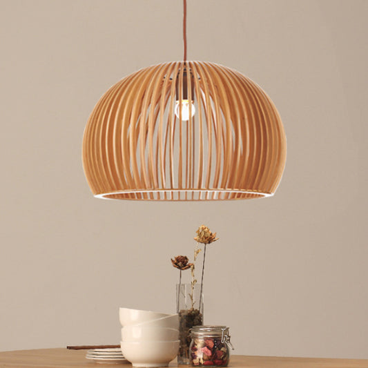 Wood Hemisphere Pendant Lighting Minimalist Single-Bulb Beige Ceiling Hang Lamp, 14"/18" Width Clearhalo 'Ceiling Lights' 'Modern Pendants' 'Modern' 'Pendant Lights' 'Pendants' Lighting' 1949125