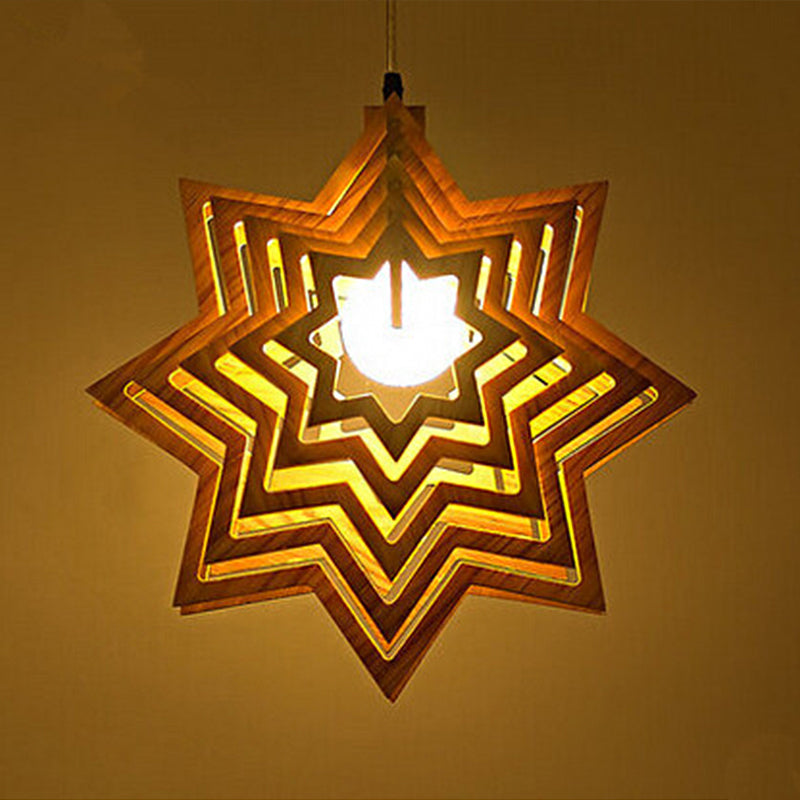 Modern Anise Star Hanging Lamp Kit Wood 1 Head Living Room Hollowed-out Pendulum Light in Beige Wood Clearhalo 'Ceiling Lights' 'Modern Pendants' 'Modern' 'Pendant Lights' 'Pendants' Lighting' 1949129