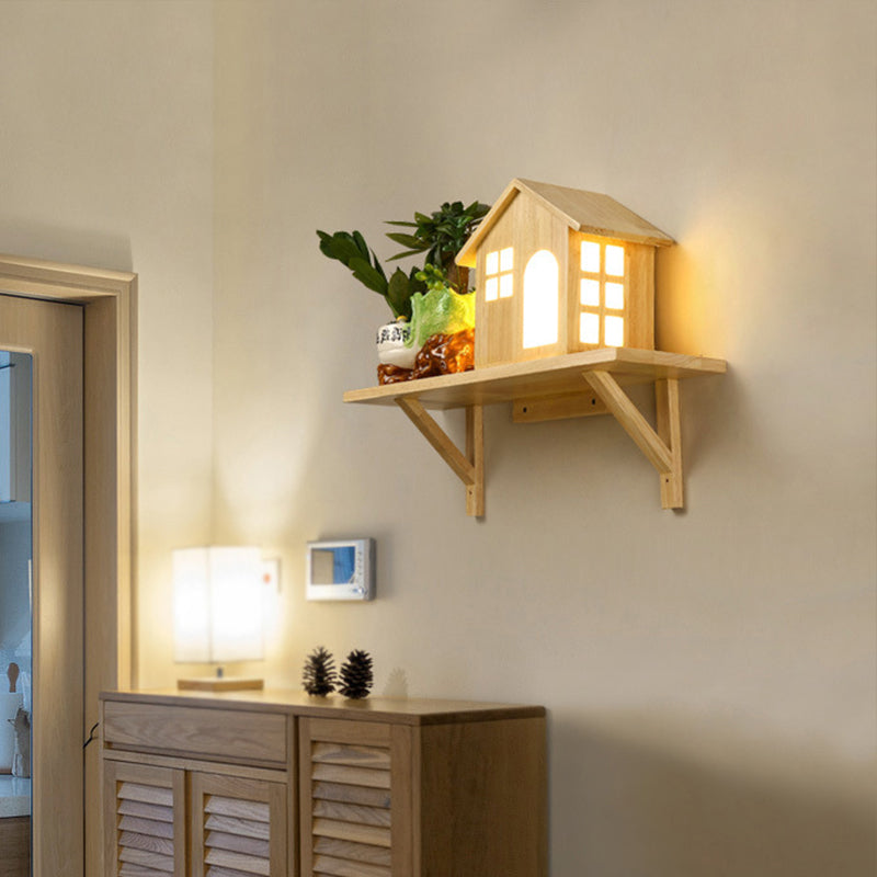 Beige Lodge Wall Lamp Fixture Nordic Wooden LED Wall Sconce with Storage Shelf, Warm/White Light Clearhalo 'Modern wall lights' 'Modern' 'Wall Lamps & Sconces' 'Wall Lights' Lighting' 1949156
