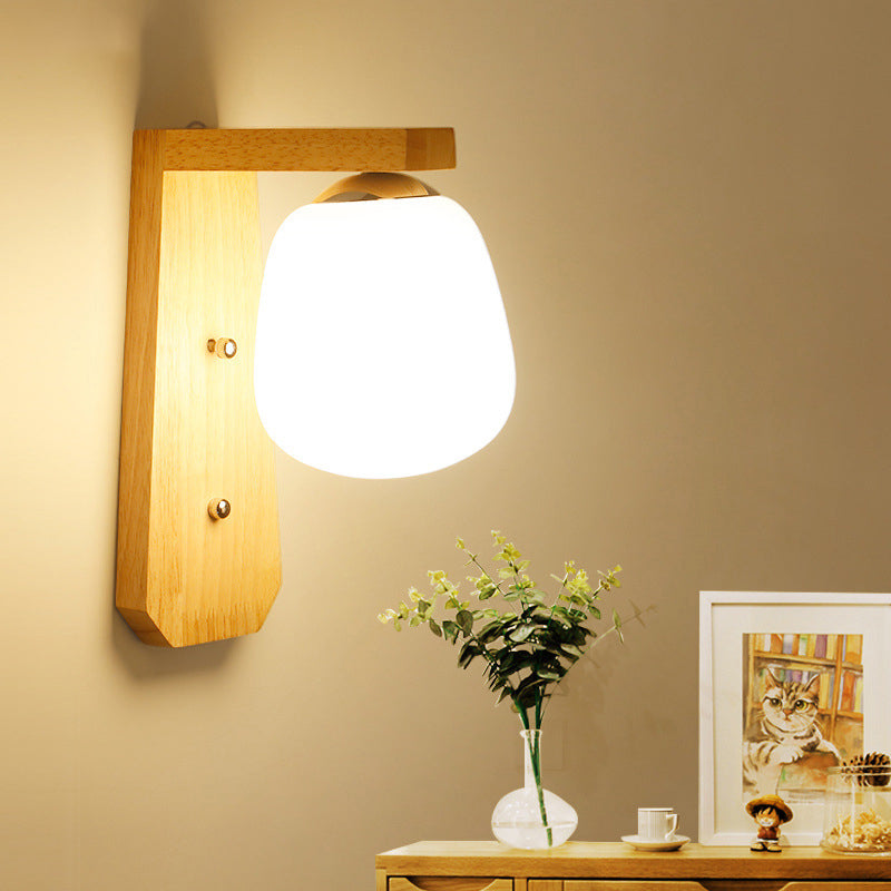 Milky Glass Bud Shaped Wall Lighting Nordic 1 Bulb Wood Wall Mounted Lamp with Right Angled Arm Wood Clearhalo 'Modern wall lights' 'Modern' 'Wall Lamps & Sconces' 'Wall Lights' Lighting' 1949160