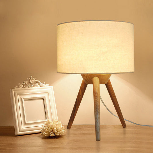 Drum Shade Tripod Night Lamp Novelty Minimalist Fabric Single Bedroom Table Light in Wood Wood Clearhalo 'Lamps' 'Table Lamps' Lighting' 1949249