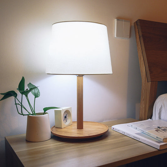 Minimalism Tapered Shade Nightstand Light Fabric 1-Light Bedroom Table Lighting in Wood Wood Clearhalo 'Lamps' 'Table Lamps' Lighting' 1949322