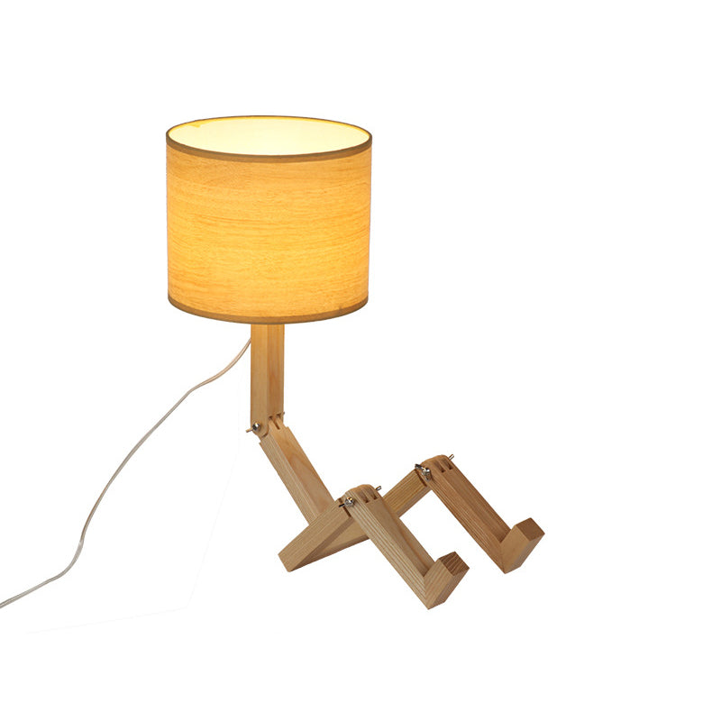 Man-Shaped Table Lamp Novelty Modern Wood Single Beige/Black/White Night Light with Book Rack Design and Cylinder Fabric Shade Clearhalo 'Lamps' 'Table Lamps' Lighting' 1949330