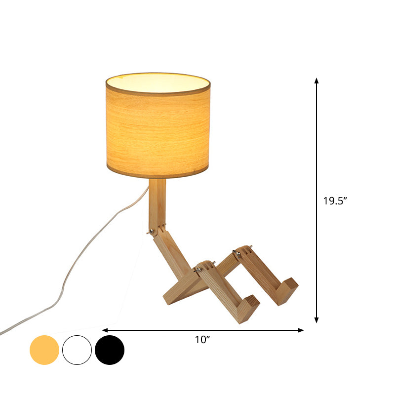 Man-Shaped Table Lamp Novelty Modern Wood Single Beige/Black/White Night Light with Book Rack Design and Cylinder Fabric Shade Clearhalo 'Lamps' 'Table Lamps' Lighting' 1949331