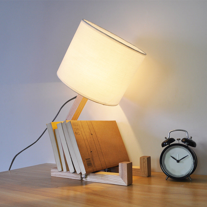 Man-Shaped Table Lamp Novelty Modern Wood Single Beige/Black/White Night Light with Book Rack Design and Cylinder Fabric Shade White Clearhalo 'Lamps' 'Table Lamps' Lighting' 1949332
