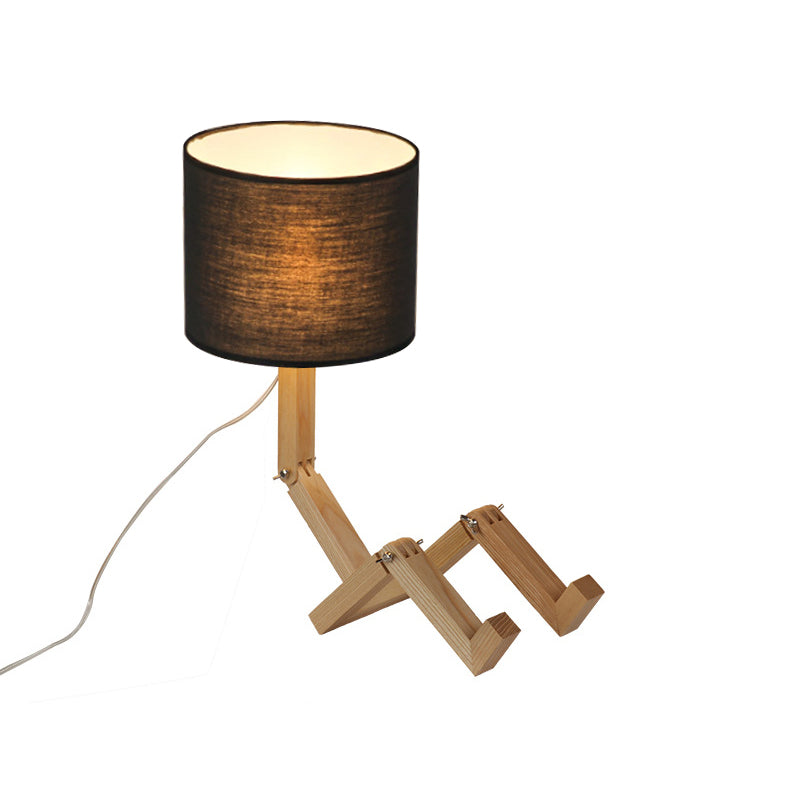 Man-Shaped Table Lamp Novelty Modern Wood Single Beige/Black/White Night Light with Book Rack Design and Cylinder Fabric Shade Clearhalo 'Lamps' 'Table Lamps' Lighting' 1949337