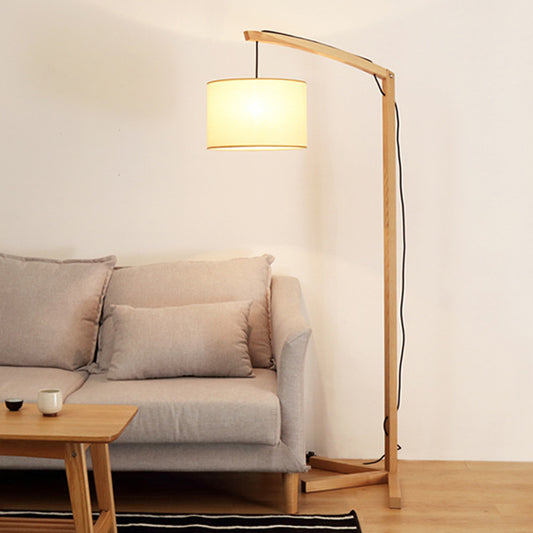 Cylinder Fabric Reading Floor Lamp Modern 1 Bulb Wood Floor Light with Bow Pole and Three-Foot Stand Wood Clearhalo 'Floor Lamps' 'Lamps' Lighting' 1949406