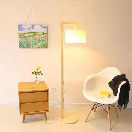 Cylindrical Fabric Floor Lamp Minimalist 1 Bulb Wood Stand Up Lamp with Right Angled Pole Wood Clearhalo 'Floor Lamps' 'Lamps' Lighting' 1949426