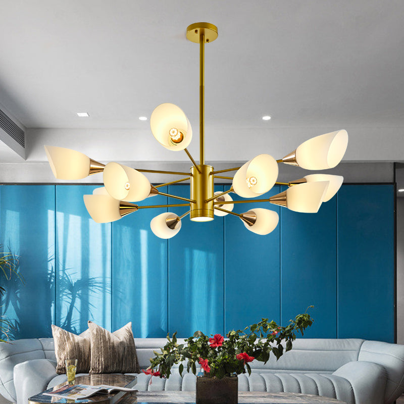 6/10/16 Bulbs Living Room Ceiling Pendant Postmodern Black/Gold Chandelier with Tulip White Glass Shade 12 Gold Clearhalo 'Ceiling Lights' 'Chandeliers' 'Modern Chandeliers' 'Modern' Lighting' 1949499