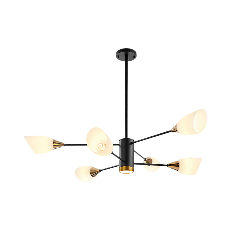 6/10/16 Bulbs Living Room Ceiling Pendant Postmodern Black/Gold Chandelier with Tulip White Glass Shade 6 Black Clearhalo 'Ceiling Lights' 'Chandeliers' 'Modern Chandeliers' 'Modern' Lighting' 1949503