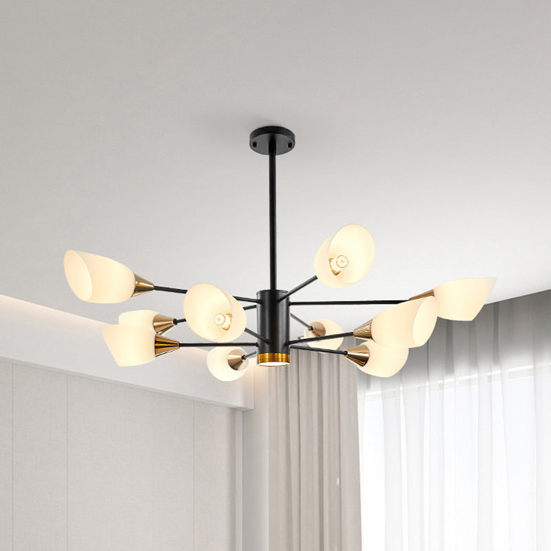 6/10/16 Bulbs Living Room Ceiling Pendant Postmodern Black/Gold Chandelier with Tulip White Glass Shade 10 Black Clearhalo 'Ceiling Lights' 'Chandeliers' 'Modern Chandeliers' 'Modern' Lighting' 1949505