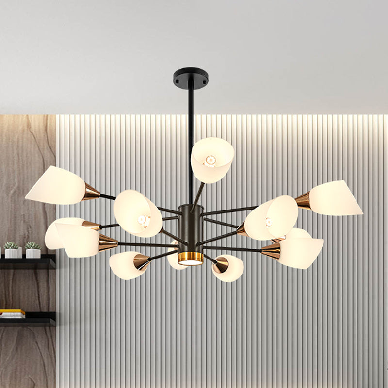6/10/16 Bulbs Living Room Ceiling Pendant Postmodern Black/Gold Chandelier with Tulip White Glass Shade 12 Black Clearhalo 'Ceiling Lights' 'Chandeliers' 'Modern Chandeliers' 'Modern' Lighting' 1949509