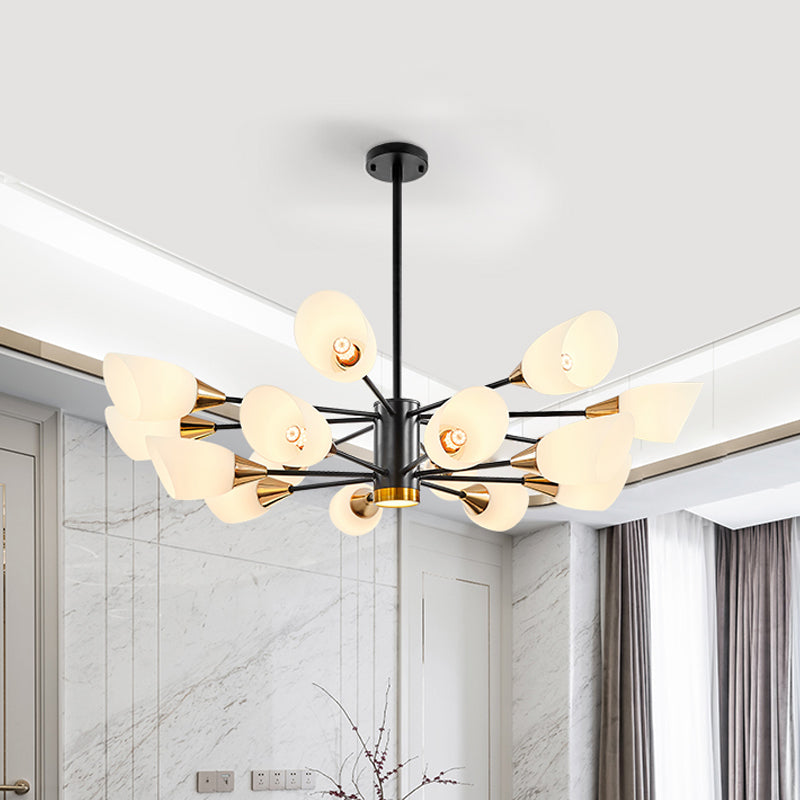 6/10/16 Bulbs Living Room Ceiling Pendant Postmodern Black/Gold Chandelier with Tulip White Glass Shade 16 Black Clearhalo 'Ceiling Lights' 'Chandeliers' 'Modern Chandeliers' 'Modern' Lighting' 1949513