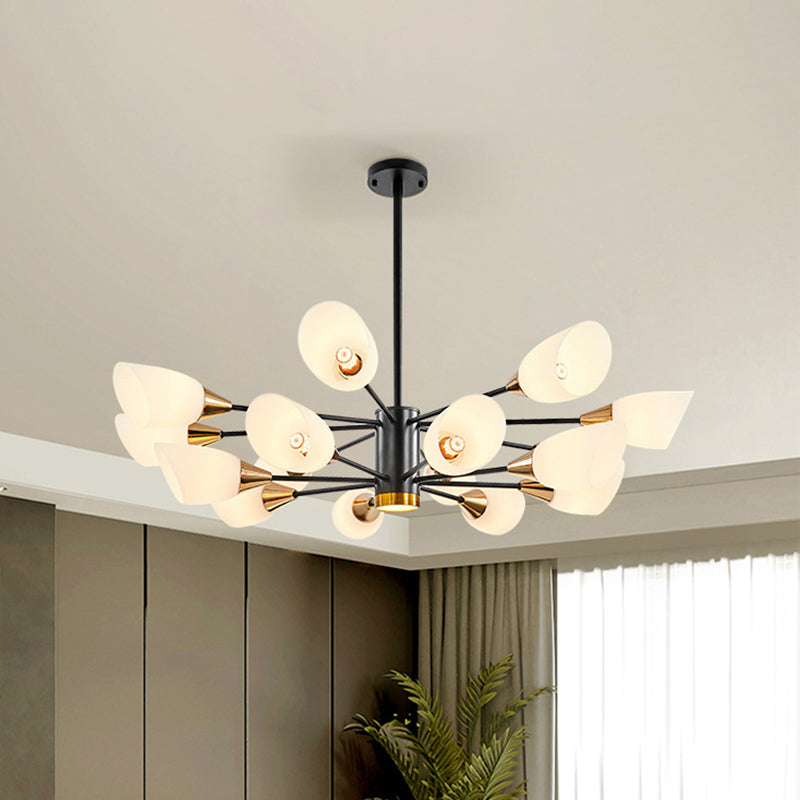 6/10/16 Bulbs Living Room Ceiling Pendant Postmodern Black/Gold Chandelier with Tulip White Glass Shade Clearhalo 'Ceiling Lights' 'Chandeliers' 'Modern Chandeliers' 'Modern' Lighting' 1949514