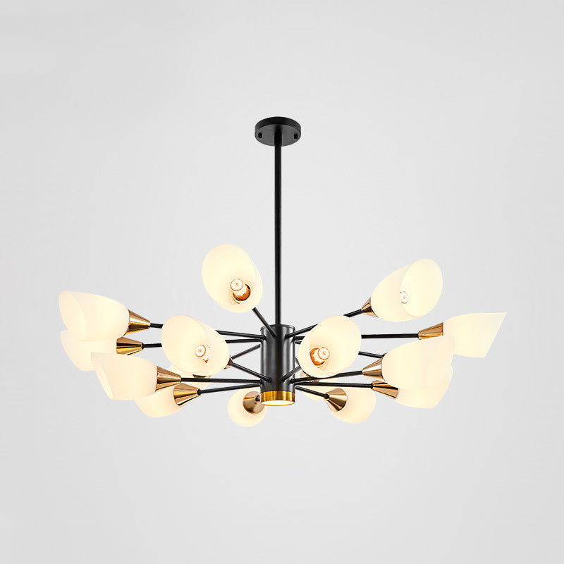 6/10/16 Bulbs Living Room Ceiling Pendant Postmodern Black/Gold Chandelier with Tulip White Glass Shade Clearhalo 'Ceiling Lights' 'Chandeliers' 'Modern Chandeliers' 'Modern' Lighting' 1949516