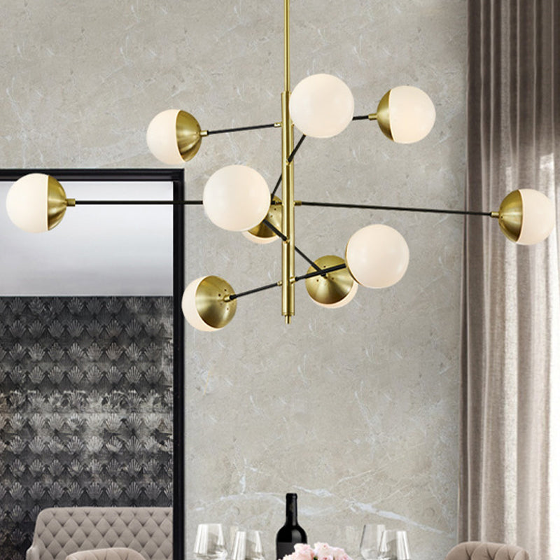 Post-Modern 5 Tiers Chandelier Ivory Ball Glass 10-Light Dining Room Suspension Pendant Light in Gold Clearhalo 'Ceiling Lights' 'Chandeliers' 'Modern Chandeliers' 'Modern' Lighting' 1949548