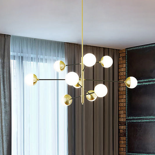 Post-Modern 5 Tiers Chandelier Ivory Ball Glass 10-Light Dining Room Suspension Pendant Light in Gold Clearhalo 'Ceiling Lights' 'Chandeliers' 'Modern Chandeliers' 'Modern' Lighting' 1949549